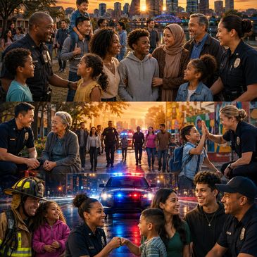 Community members and first responders sharing joyful moments together at sunset.