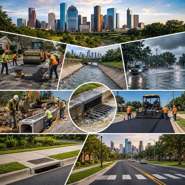 Collage showing Houston skyline, roadwork, drainage, and flood management.