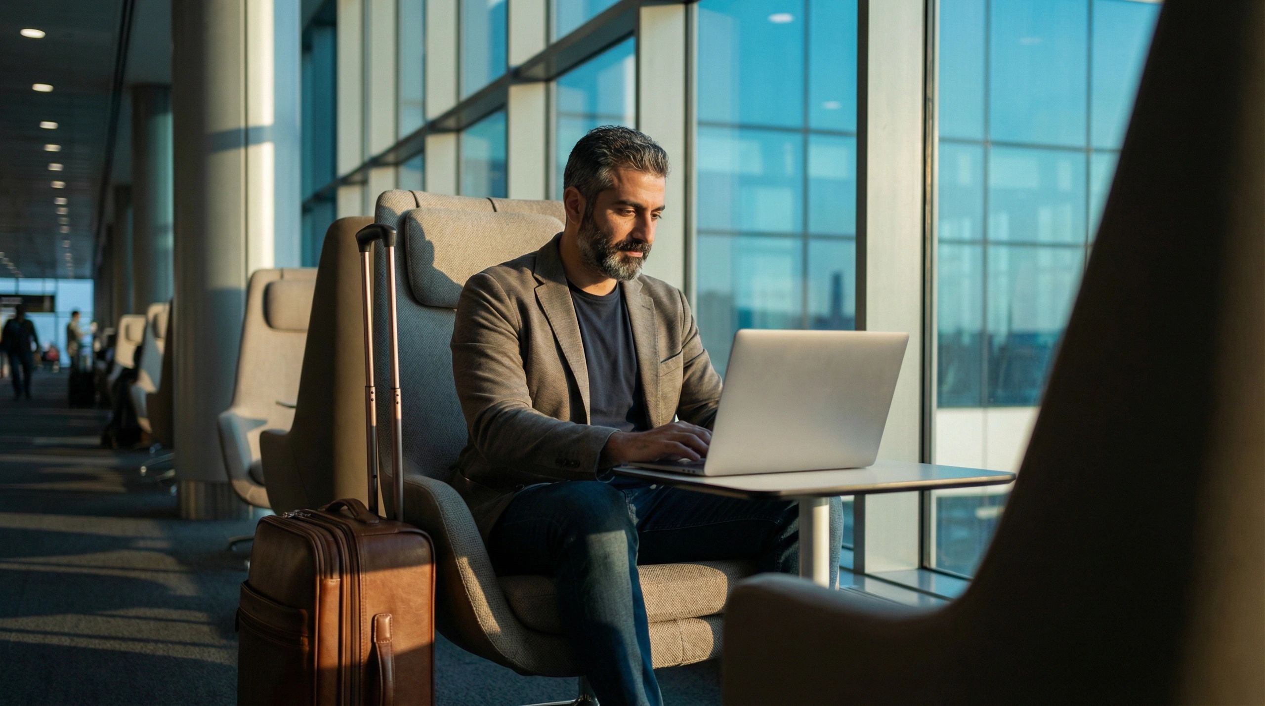 Man working on laptop in airport lounge with suitcase beside him.