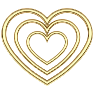 Caroline Jane render — Three nested gold heart outlines with a shiny metallic finish.