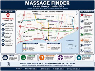  Toronto Massage Finder showing transit, roads, landmarks, parking  accessibility to nearby massage.