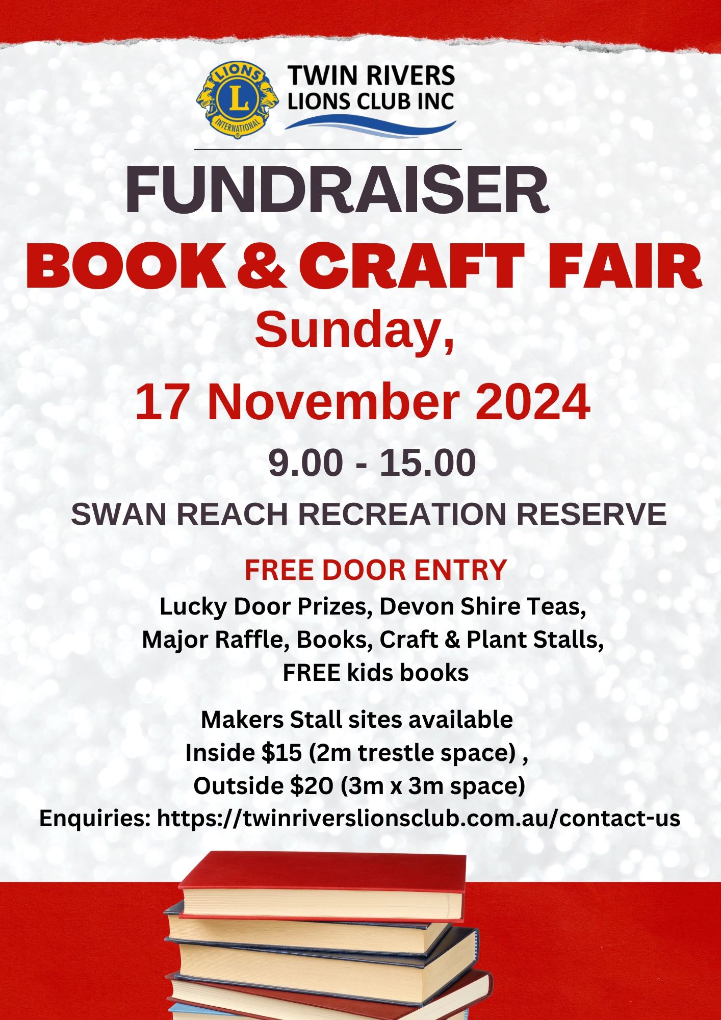 Book & Craft Fair hosted by Twin Rivers Lions Club Inc as a fundraising event.  Venue Swan Reach Rec