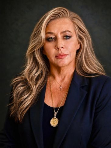 Confident woman with long blonde hair in a dark blazer.
