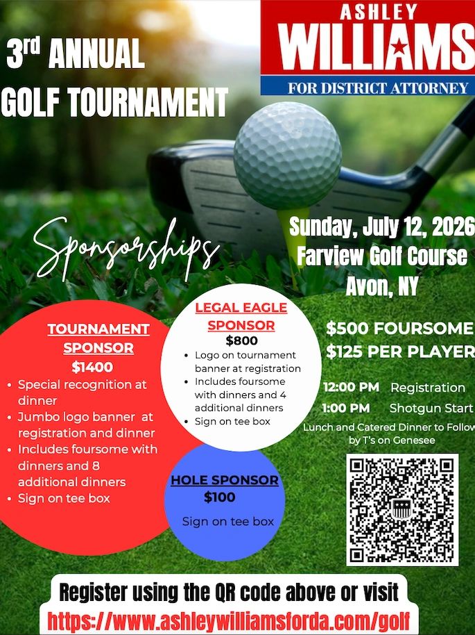 Flyer for Ashley Williams' 3rd Annual Golf Tournament with sponsorship details and registration info.