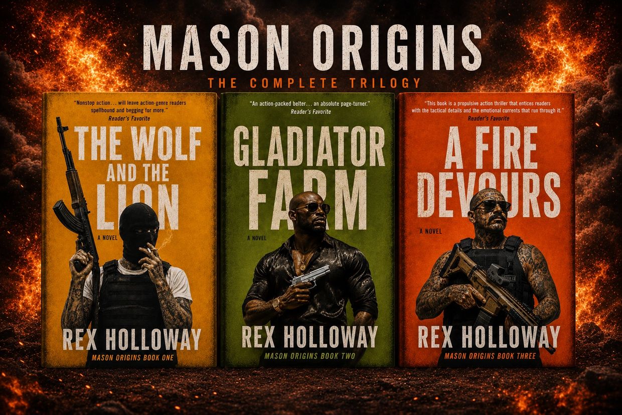 Book covers for Mason Origins trilogy by Rex Holloway with armed men and fiery backgrounds.