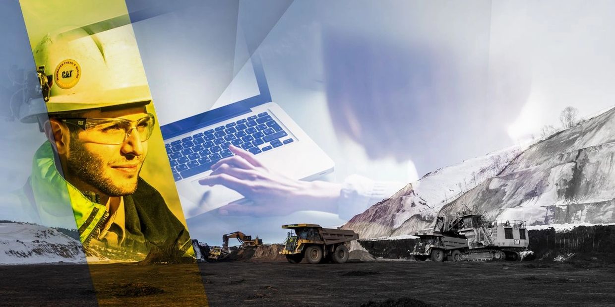 Collage of mining operations, heavy machinery, and a worker with technology integration.