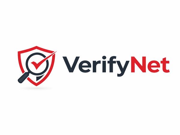 VerifyNet logo with shield, magnifying glass, and checkmark symbol.