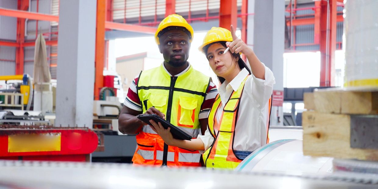 Two construction workers in safety gear discussing plans inside a factory.