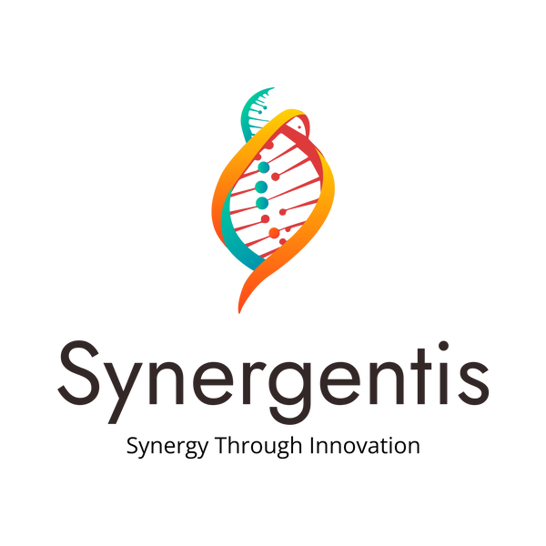 Colorful DNA strand logo with the text "Synergentis" beneath it.