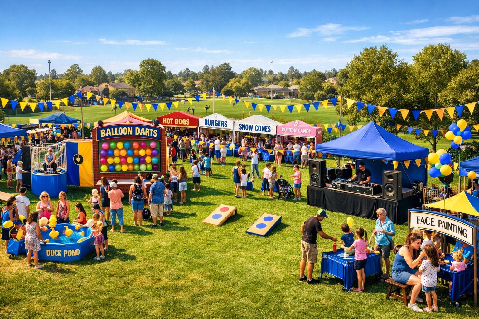 A vibrant outdoor fair with games, food stalls, and face painting.