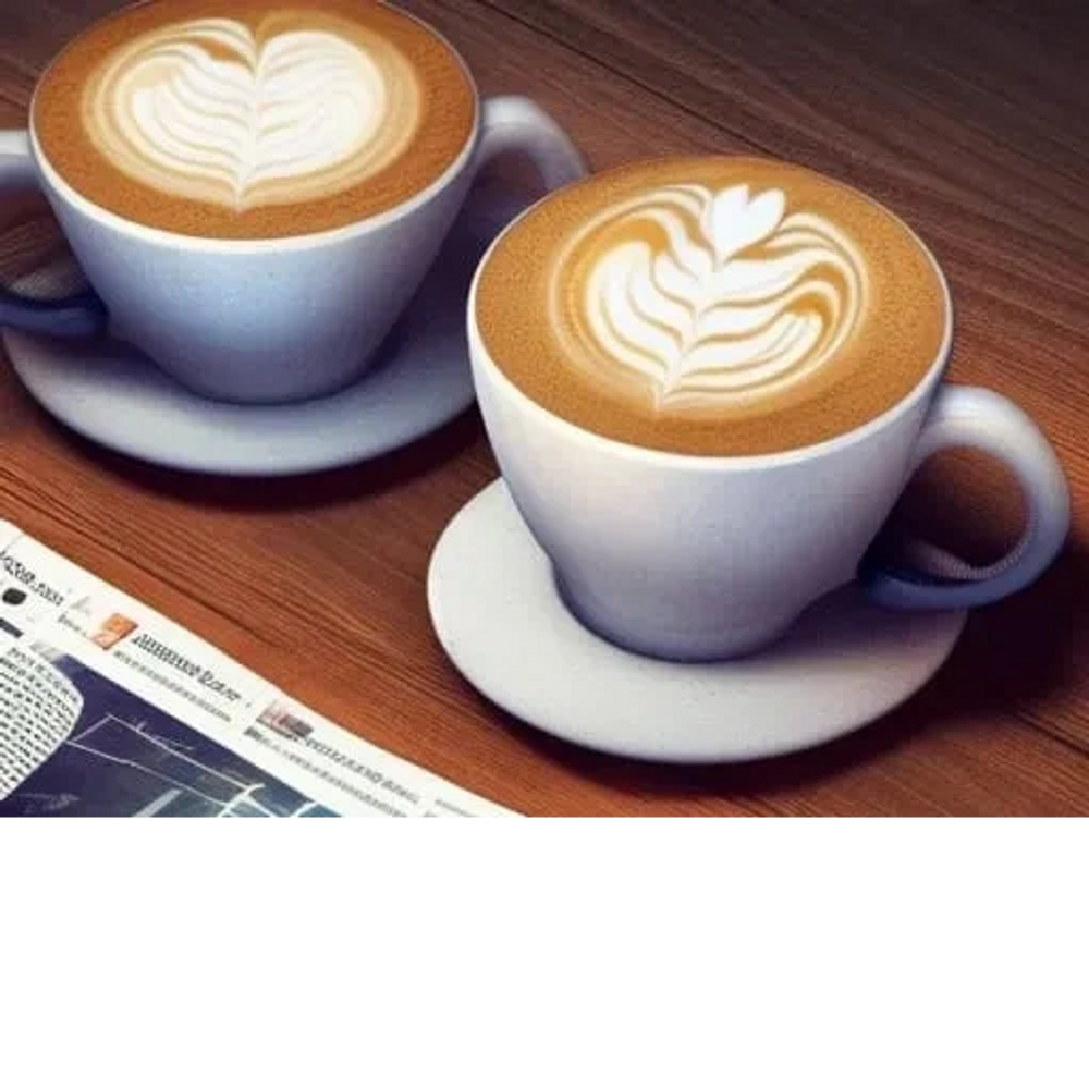 Two cups of espresso with heart-shaped foam in coffee cups on saucers.