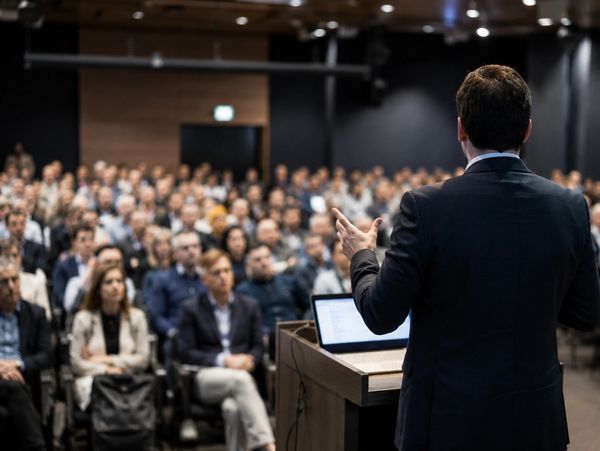 A speaker addressing a large audience at a conference.