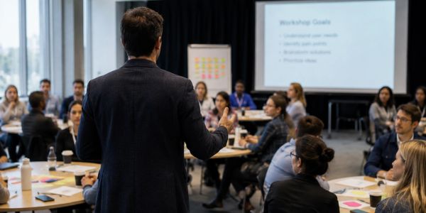 A speaker addressing an engaged audience during a workshop.