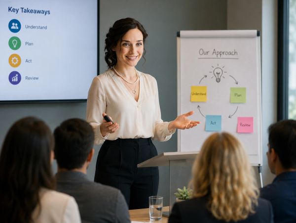 A woman presents a business strategy to her team using a flip chart and screen.