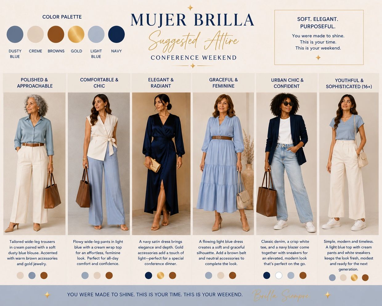 Suggested attire guide for Mujer Brilla conference weekend with color palette and outfit styles.