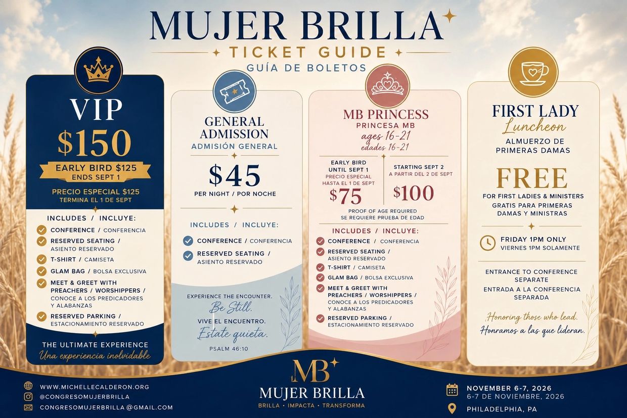 Ticket guide for Mujer Brilla event with VIP, General Admission, MB Princess, and First Lady options.