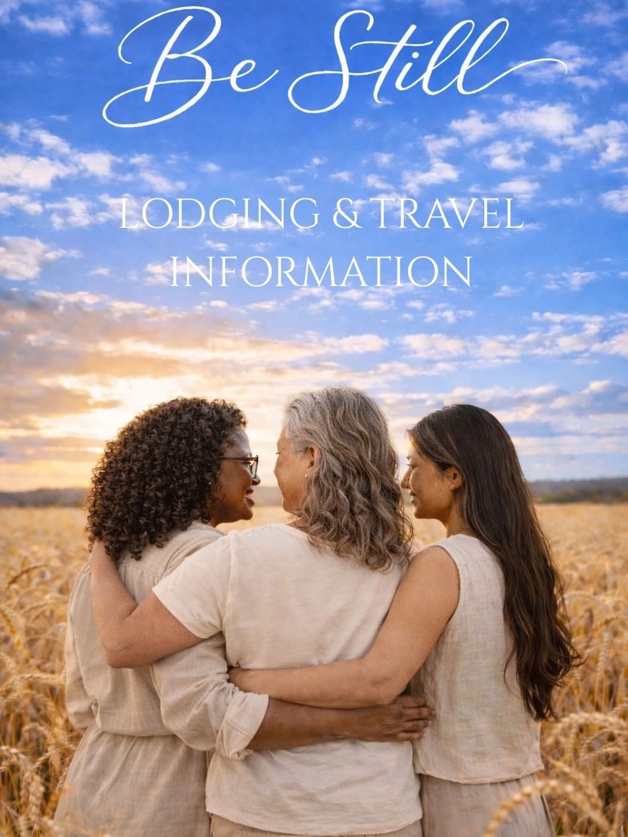 Three women embracing in a field during sunset with travel info text.