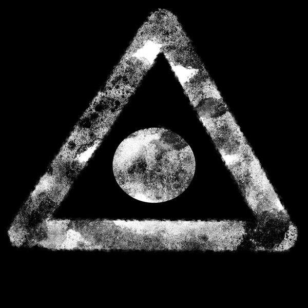 Grayscale triangle with a circle inside on a black background.