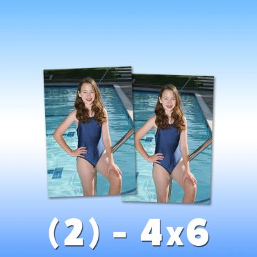 Two 4x6 photos of a girl in a navy swimsuit by the pool.