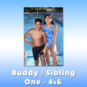 Two smiling kids in swimsuits by the poolside.