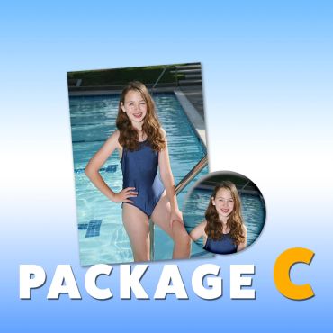 Young girl in a swimsuit by the pool with Package C text.
