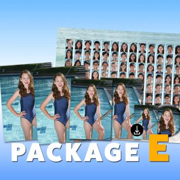 Collage of a girl in a blue swimsuit with multiple photo prints and a large group photo background.