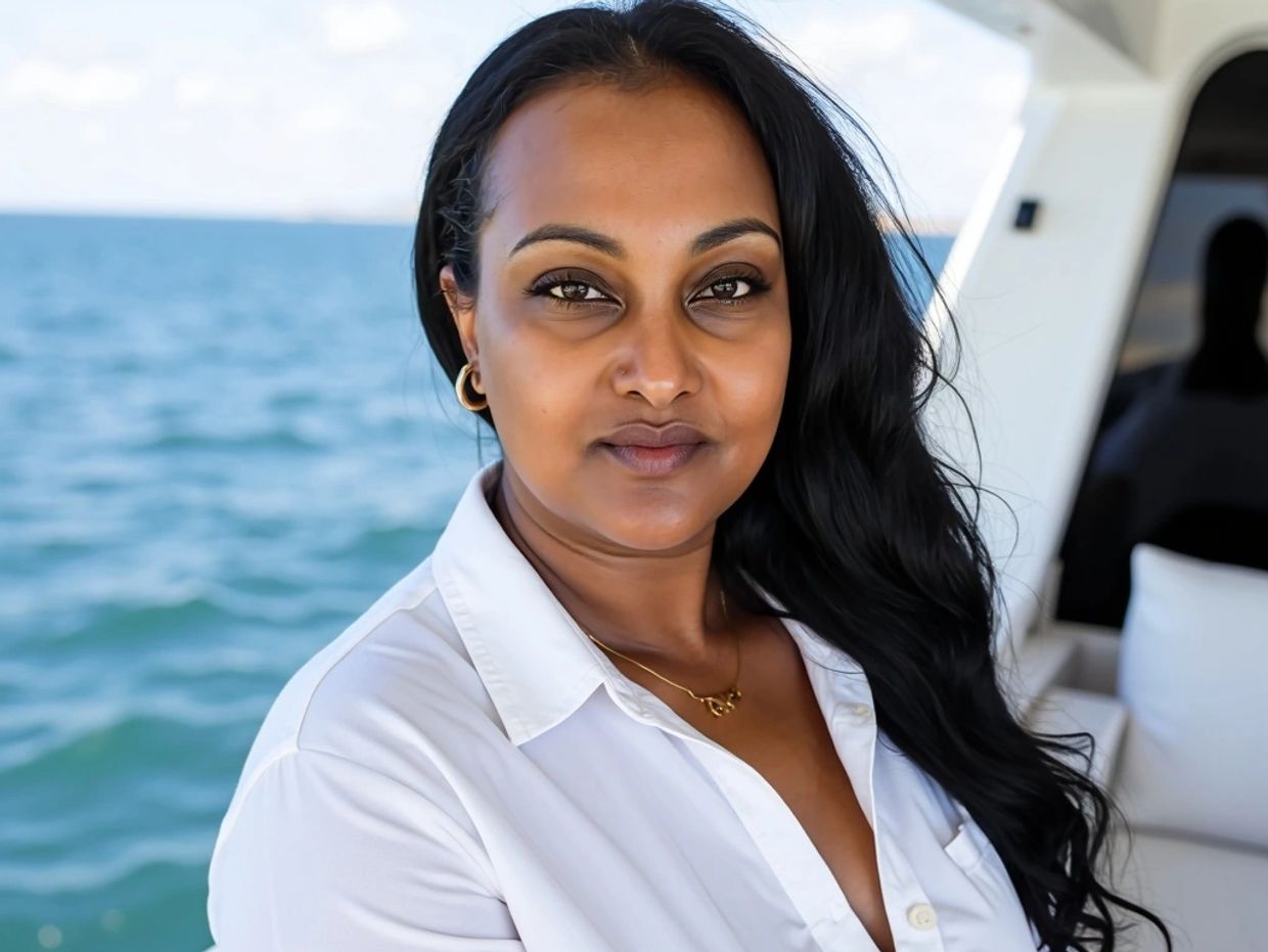Woman in white shirt standing on a boat with ocean in the background.