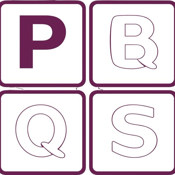 Four square tiles with letters P, Q, R, and S in purple borders.