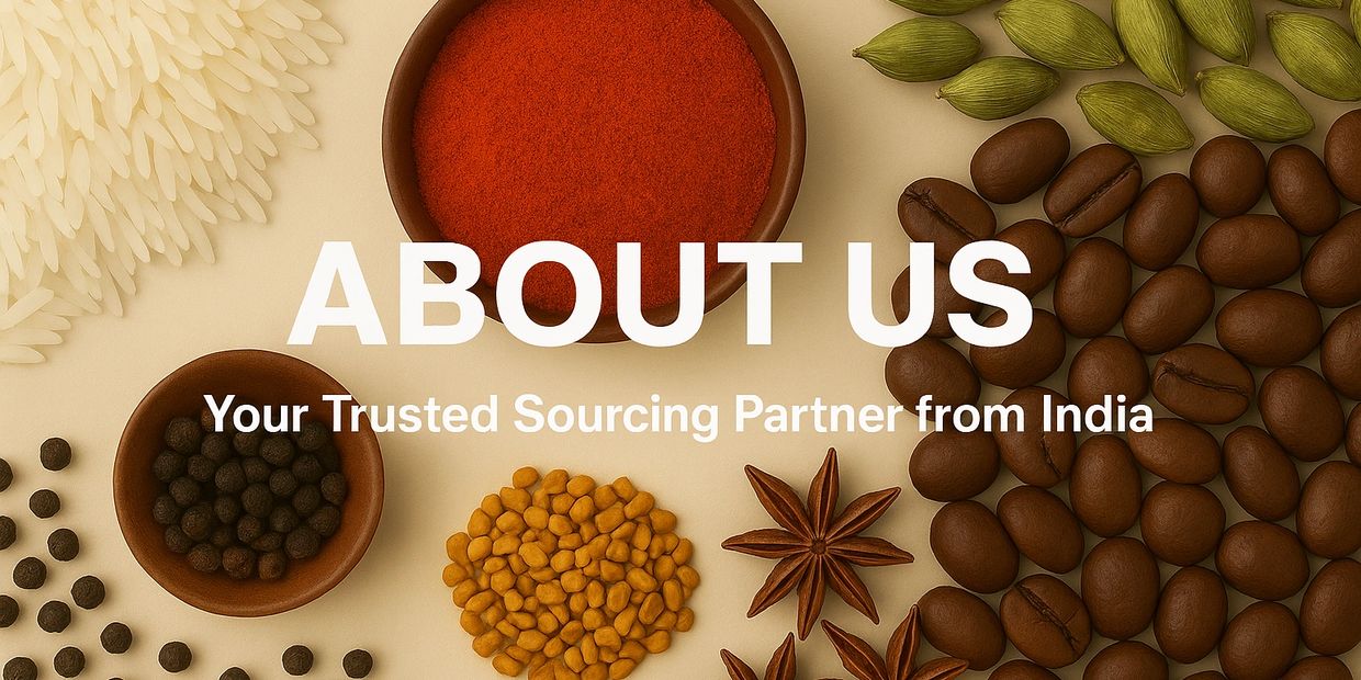 Assorted spices and coffee beans with 'About Us' text showing sourcing from India.
