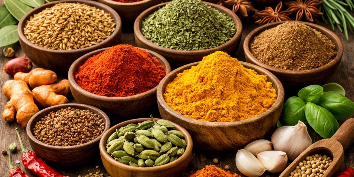 Assorted colorful spices in wooden bowls.
