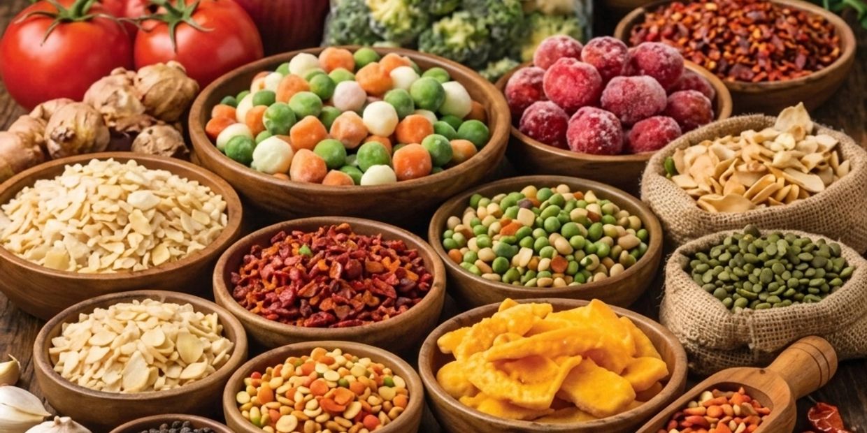 Assorted dried and frozen vegetables and spices in wooden bowls and burlap sacks.
