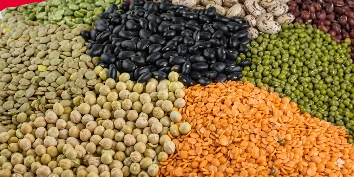 Variety of colorful beans and lentils arranged closely together.