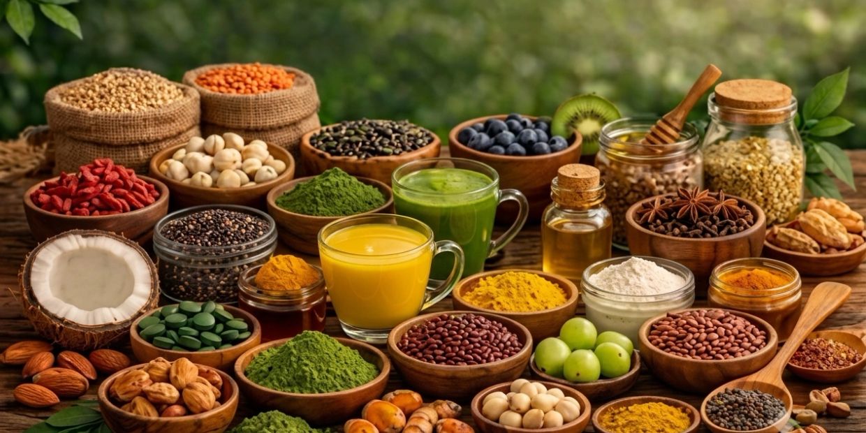 A colorful assortment of natural herbs, spices, fruits, and powders arranged in wooden bowls and glass jars.
