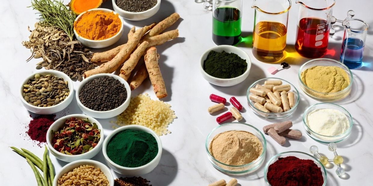 Various herbs, powders, capsules, and liquids on a white surface.