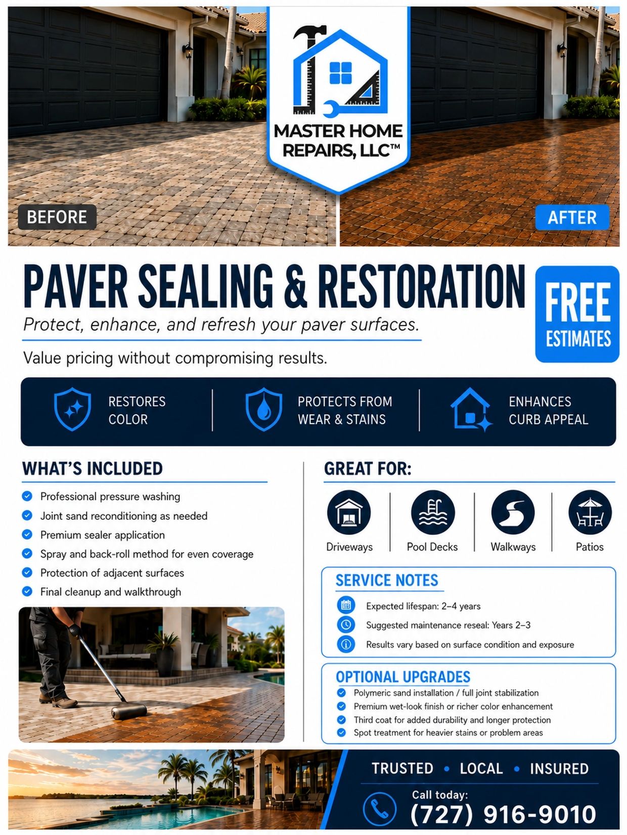 Before and after images of paver sealing and restoration by Master Home Repairs, LLC.
