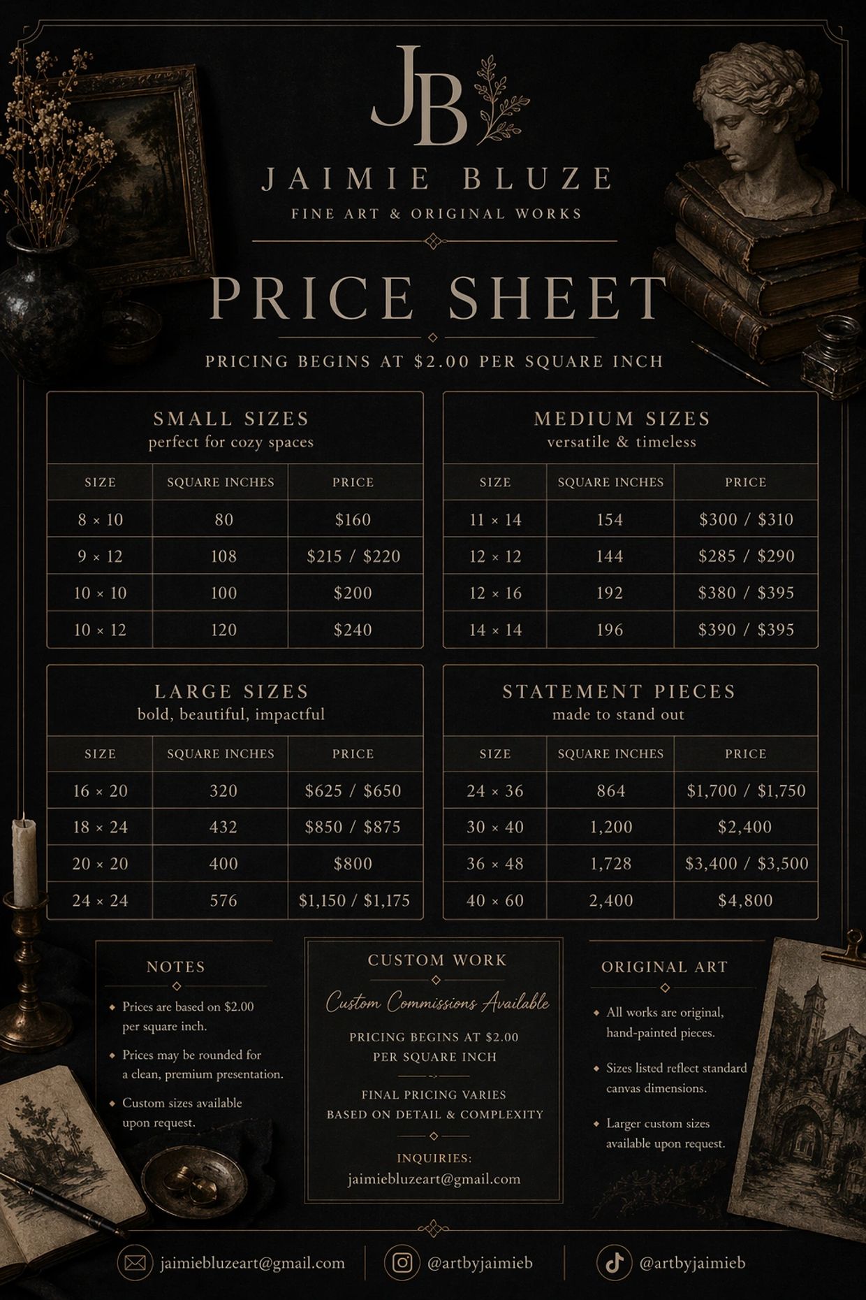 Jaimie Bluze fine art price sheet with sizes and pricing details.
