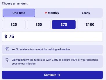 Donation form selecting $75 monthly.