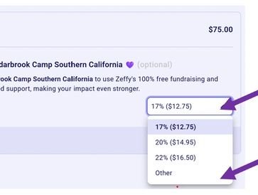 Dropdown menu showing tip options as percentages and amounts.