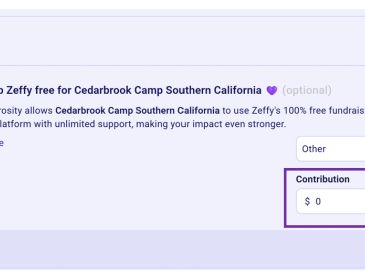 Screenshot of a $0 contribution form for Cedarbrook Camp Southern California.