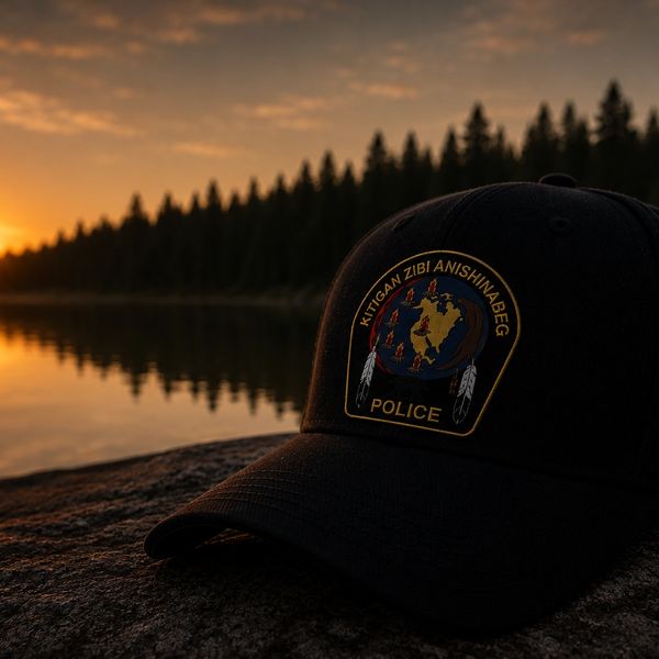 Police cap at sunset near a forest lake.