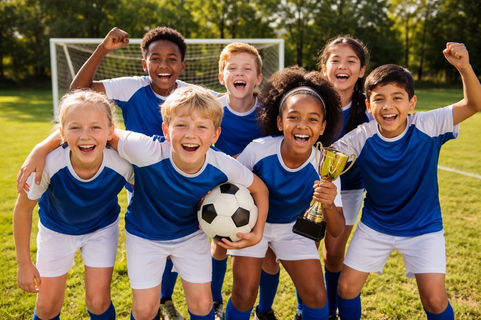 Joyful kids in blue soccer uniforms celebrate with a trophy and ball on the field.