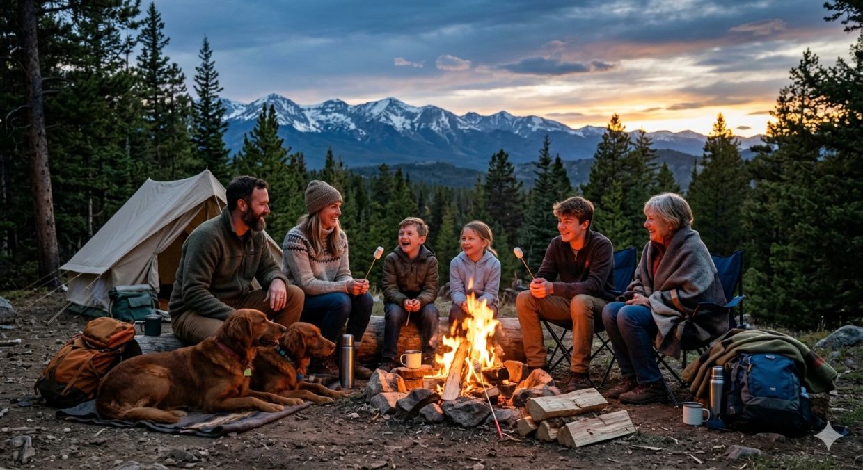 Family camping by a campfire with mountains in the background.