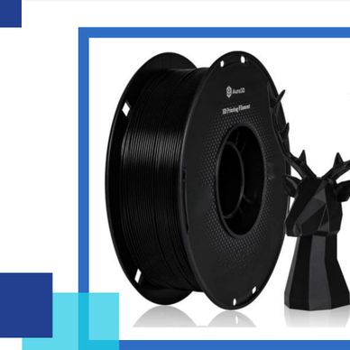 Black 3D printer filament spool with a small printed deer figurine.