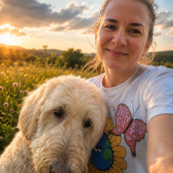 Woman and dog enjoying a sunset in a field.