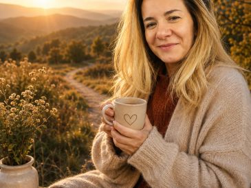 Woman enjoying a warm drink outdoors at sunset.