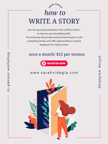 Workshop flyer for "How to Write a Story" with registration details.