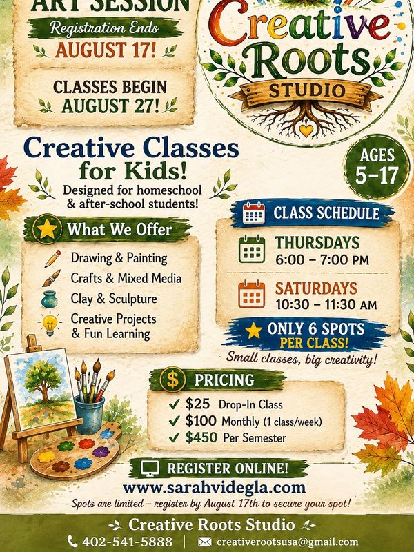 Creative Roots Studio offers art classes for kids ages 5-17.