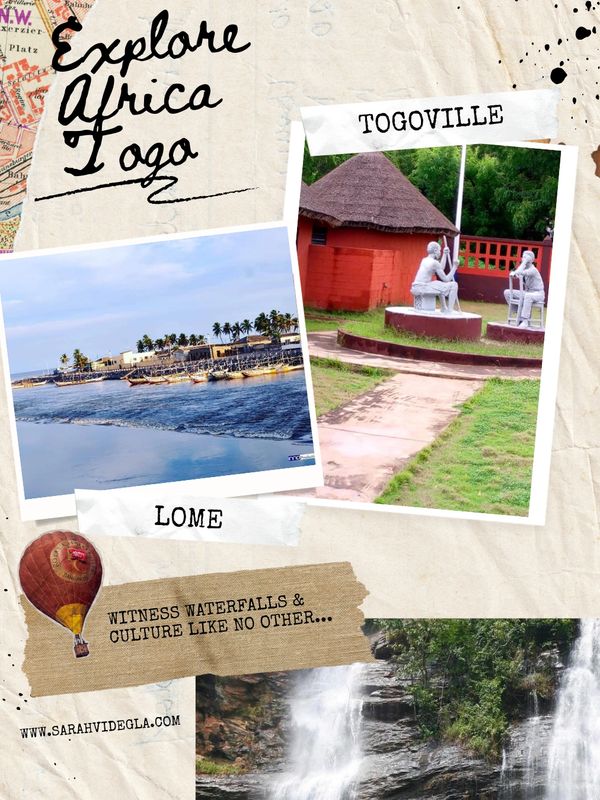 Collage showcasing Togo's Togoville, Lome coastline, and waterfalls.