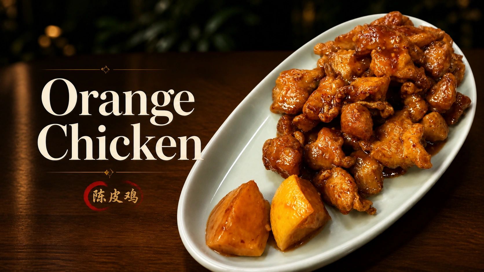Plate of orange chicken with citrus wedges.