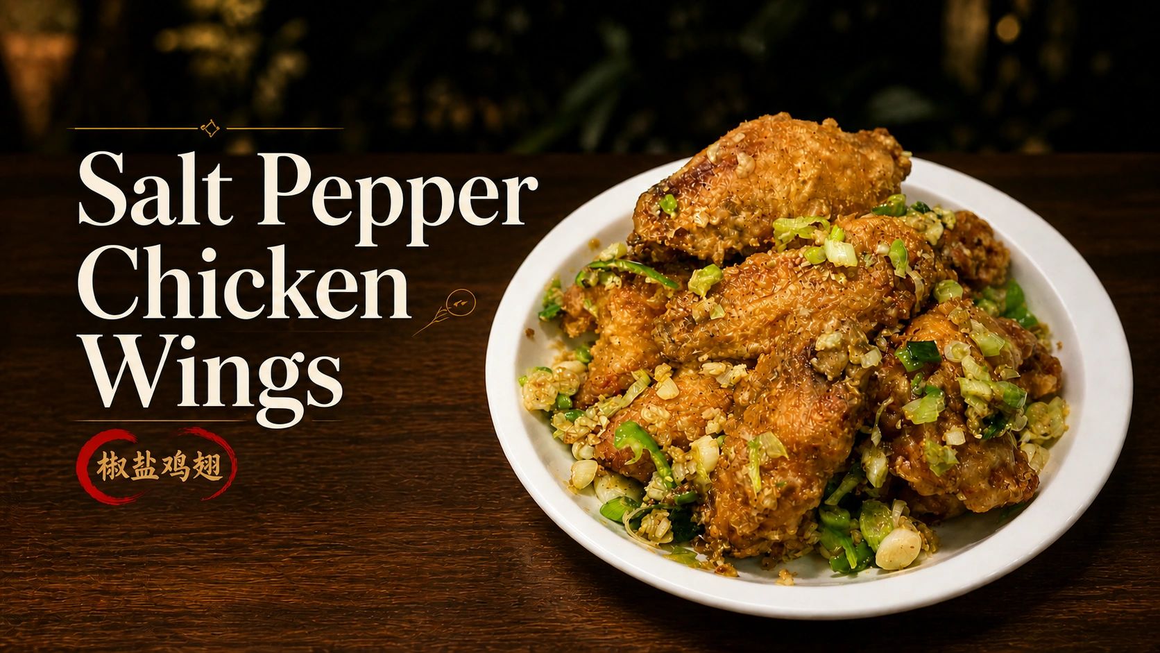Salt pepper chicken wings on a white plate.